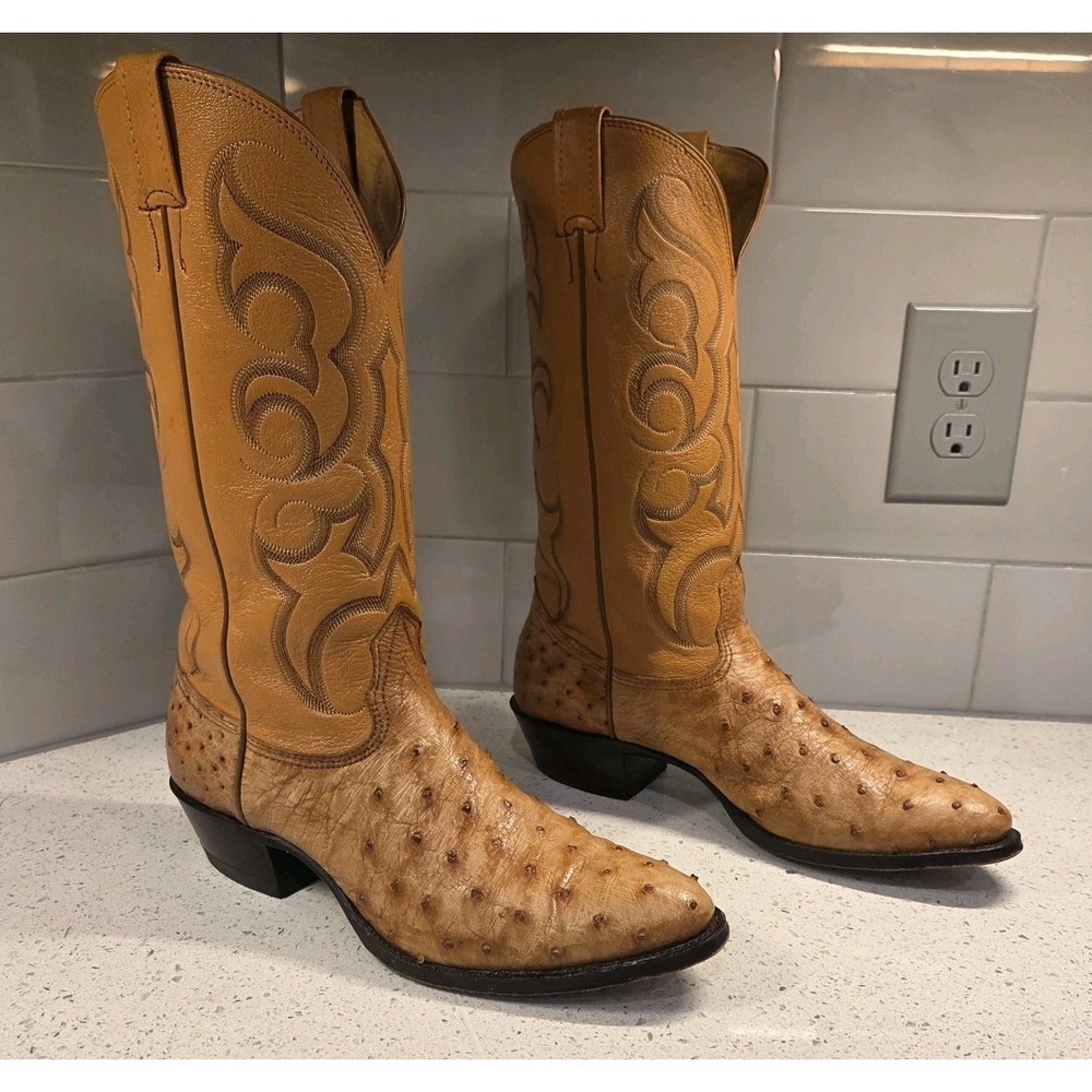 Vtg Nocona Men's 9 D Ostrich Cowboy Boots Full Quill Butterscotch Tan USA 14770